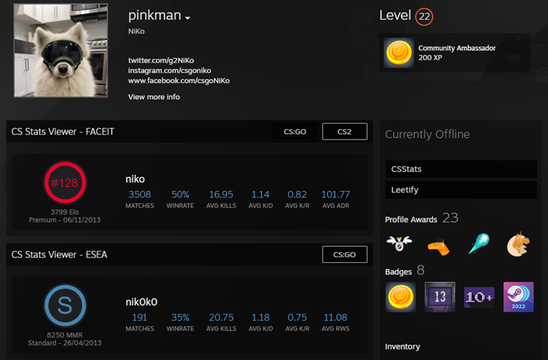 Image of NiKo's Steam profile showing FaceIt and ESEA showcases with quick links to CSStats and Leetify on the side.